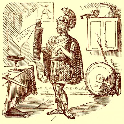 Hannibal holder den sædvanlige pæne og passende tale Previous to Killing Himself, illustration fra The Comic History of Rome af Gilbert Abbott a Beckett, udgivet ca. 1850 (digitalt forbedret billede) af English School