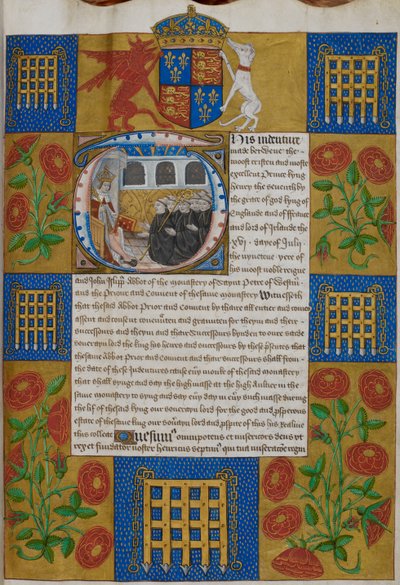 Harley 1498, f.1 Henry VII præsenterer aftalen til John Islip, Abbed of Westminster Abbey, Indentures of Westminster Abbey (vellum) af English School