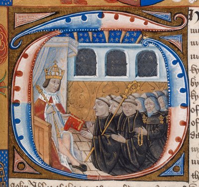 Harley 1498, f.59 Historikeret initial, der viser kong Henry VII, der modtager bogen, illustration fra 