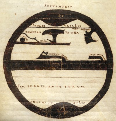 Harley MS 2772 f. 70v, Diagrammatic Zonal World Map, c.1050 (blæk & tempera på pergament) af English School