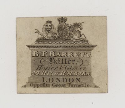 Hattemagere, B P Barrett, handelskort af English School