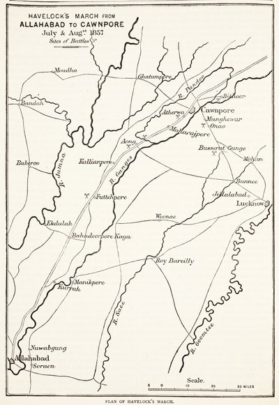 Havelocks March fra Allahabad til Cawnpore, juli og august 1857, fra Cassells Illustrated History of England af English School