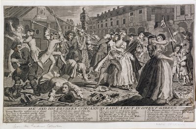 Han og hans berusede ledsagere rejser et oprør i Covent Garden, 1735 af English School