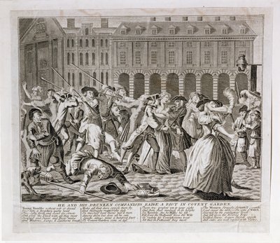 Han og hans berusede ledsagere rejser et oprør i Covent Garden, 1735 af English School