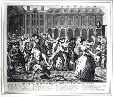 He and His Drunken Companions Raise a Riot in Covent Garden, fra en piratkopieret serie baseret på Hogarths 