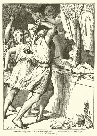 "Han fjernede de fremmede guders altre...og nedbrød billederne", II, Krønikebog, xiv, 3 (gravering) af English School