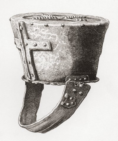 Hjelm, fra Castle Pomeroy, England, fra ca. 1100-tallet, fra The British Army: Its Origins, Progress and Equipment, udgivet 1868. af English School