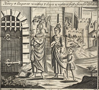 Henry 4 Kejser venter 3 dage og nætter i frost og sne på optagelse til pave Gregory, illustration fra Acts and Monuments af John Foxe, niende udgave, pub. 1684 af English School
