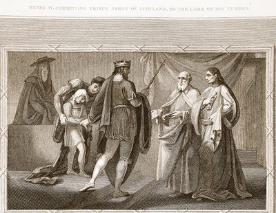 Henry IV, der forpligter Prins James af Skotland til sine undervisere, illustration fra David Humes The History of England, pub. af R. Bowyer, London, 1812 af English School