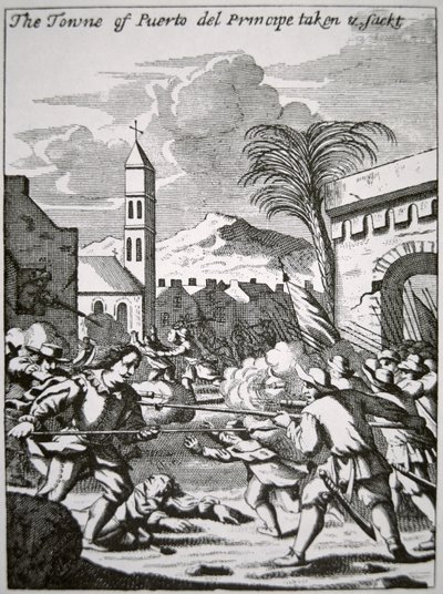 Henry Morgan fanger og plyndrer byen Puerto de Principe, Cuba, i 1668, illustration fra 