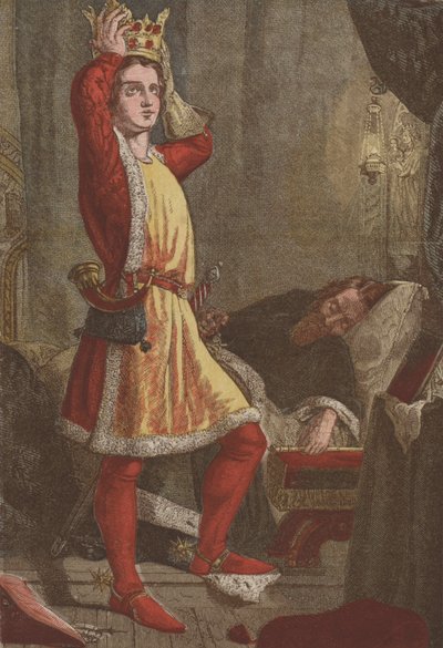 Henry, Prince of Wales, den fremtidige kong Henry V, der prøver på sin fars krone (chromolitho) af English School