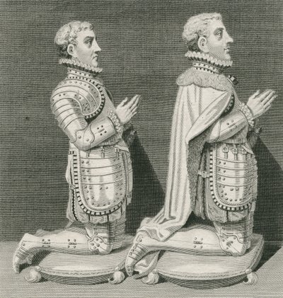 Henry Stuart, Lord Darnley og hans bror Charles Stuart, jarl af Lennox, knælende foran deres mors grav i Westminster Abbey, indgraveret af Andrew Birrell, 1796 af English School