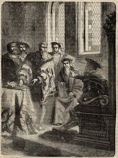 Henrik VIII. og hans råd, der ordinerede oversættelsen af Bibelen til engelsk - 1538 - gravering fra "" History of England"" af Cassell Petter & Galpin af English School