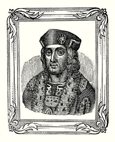 Henrik VII blev født i 1457, kronet i 1485 og døde i 1509 (gravering) af English School