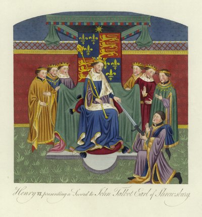 Henrik VI, konge af England, overrækker et sværd til John Talbot, jarl af Shrewsbury, 15. århundrede af English School