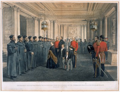 Hendes Majestæt Dronning Victoria (1819-1901) og H.R.H Prins Albert (1819-61) inspicerede de sårede soldater fra Grenadier Guards ved Buckingham Palace, 1855 af English School