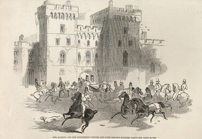 Hendes Majestæt og hendes ædle gæster og suite forlader Windsor Castle for at tage til Ascot Races, fra "The Illustrated London News", 14. juni 1845 af English School
