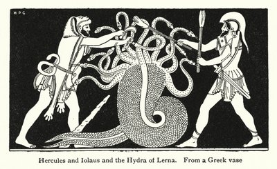 Hercules og Iolaus og Lerna Hydra (litho) af English School