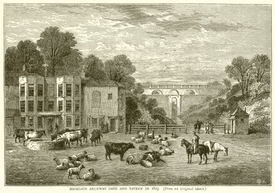 Highgate Archway Gate og Tavern i 1825 af English School