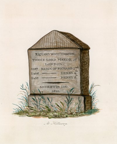 Highgate Hill, Whittington Stone (wc på papir) af English School