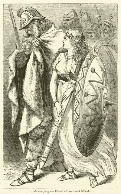 Hilda bærer sin fars sværd og skjold (gravering) af English School