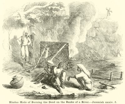 Hindoo-Art, die Toten am Flussufer zu verbrennen von English School