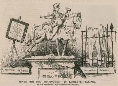 Hinweise zur Verbesserung des Leicester Square durch den Künstler, der die Statue weiß gestrichen hat von English School