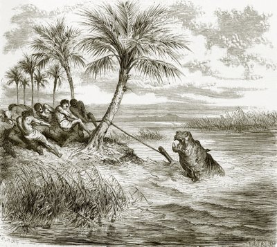 Flodhest harpuneret af English School