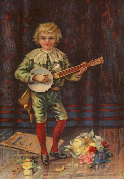 Hans første optræden - en dreng, der spiller banjo (farvelitografi) af English School