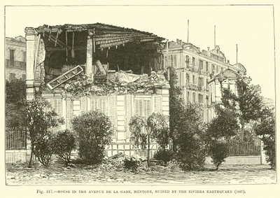House in the Avenue de la Gare, Mentone, ruined by the Riviera Earthquake, 1887  af English School