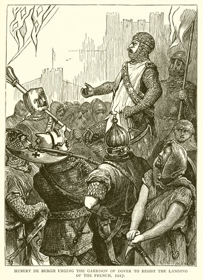 Hubert de Burgh opfordrer garnisonen i Dover til at modstå franskmændenes landgang, 1217 af English School