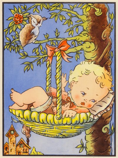 "Hush-a-Bye Baby on the tree top" (farvelitografi) af English School