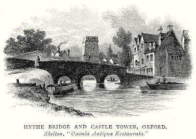 Hythe Bridge og Castle Tower, Oxford (kobberstik) af English School