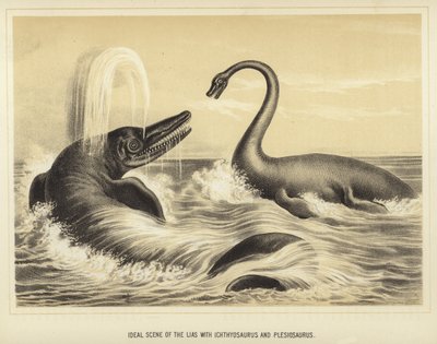Ideel scene for Lias med Ichthyosaurus og Plesiosaurus af English School