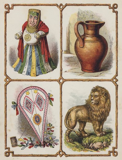 Idol, kande, drage, løve (farvelitografi) af English School