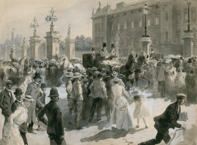 Sygdom af kong Edward VII, lægerne forlader paladset, juni 1902 (wc på papir) af English School