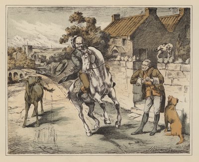 Illustration til The Diverting History of John Gilpin af William Cowper (farvelitografi) af English School