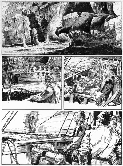 Illustration til Westward Ho! af Charles Kingsley (pen og blæk) af English School