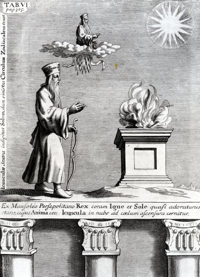 Illustration af Zoroaster, der tilbeder ild og solen, 1697 af English School