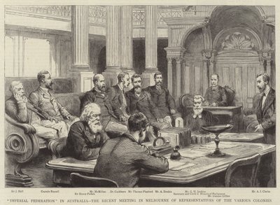 "Imperial Federation" i Australien, det seneste møde i Melbourne med repræsentanter for de forskellige kolonier (gravering) af English School