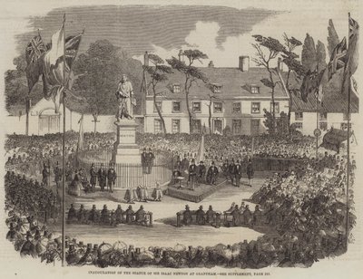 Indvielse af statuen af Sir Isaac Newton i Grantham (gravering) af English School