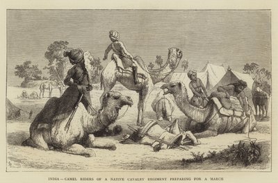 Indien, kamelryttere af et indfødt kavaleriregiment forbereder sig på en marts (gravering) af English School