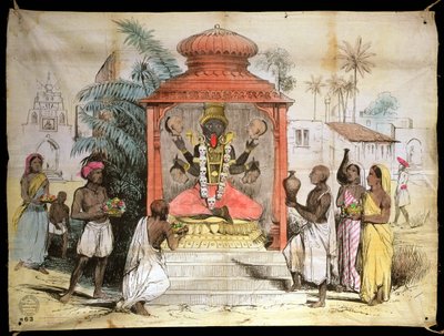 Indien, figur og tilbedelse af Kali, ca. 1850 (blæk og vask på stof) af English School