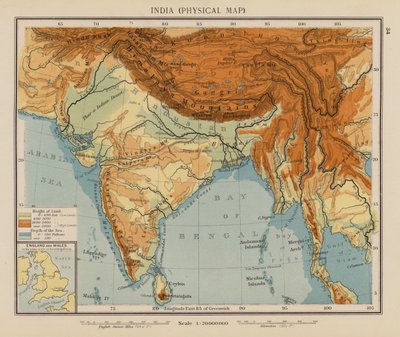 Indien, fysisk kort (farvelitografi) af English School