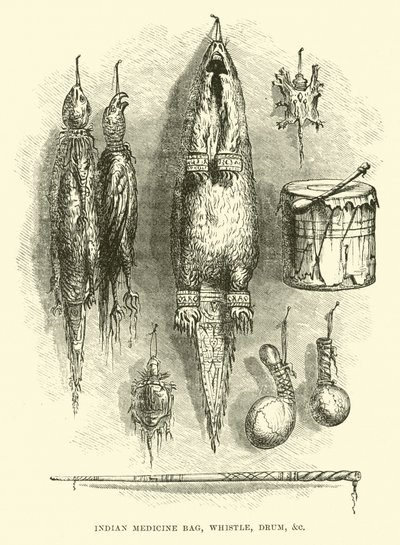Indisk medicintaske, fløjte, tromme osv af English School