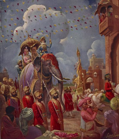 Indisk procession med elefant, maleri af Sobha Singh, fra det indiske tillæg til Illustrated London News af English School