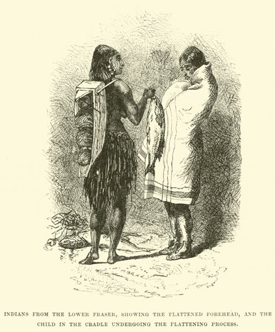 Indianere fra Lower Fraser, der viser den fladtrykte pande, og barnet i vuggen, der gennemgår fladningsprocessen af English School
