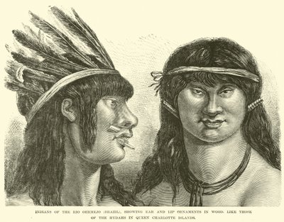 Indianere fra Rio Oermejo (Brasilien), der viser øre- og læbepynt i træ, som dem fra Hydahs på Queen Charlotte Islands af English School