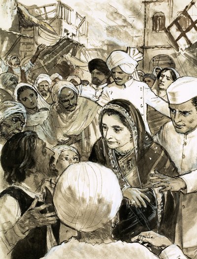 Indira Gandhi in der Stadt Ahmadabad während der Unruhen von English School