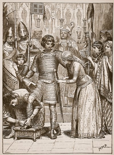 Indvielse i Ridderordenen, illustration fra Cassells Illustrated History of England (sepiafoto) af English School